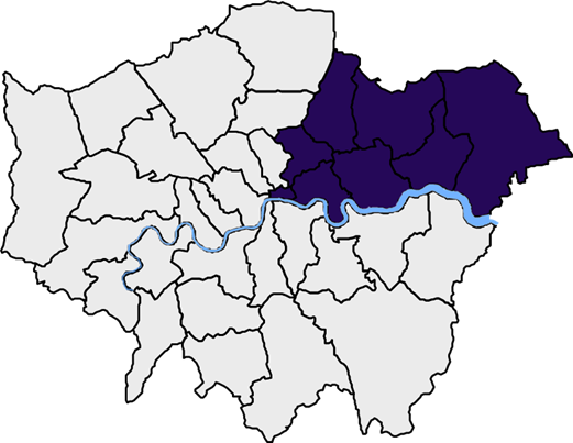 A map of London boroughs highlighting the boroughs of Barking & Dagenham, City of London, Hackney, Havering, Newham, Redbridge, Tower Hamlets, and Waltham Forest