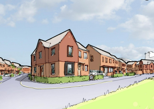 A painting/graphic image of a Rochdale terraced house on a leafy green street.