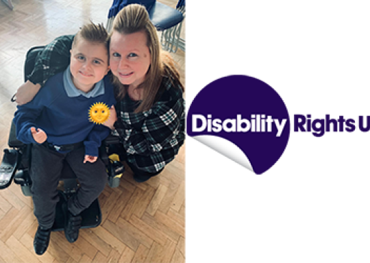 Shelley Simmonds and her son Fraser next to the DIsability Rights UK logo