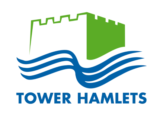 The Tower Hamlets council logo - It is a Green logo of a Castle, with blue wave lines below. Text in blue reads Tower Hamlets.