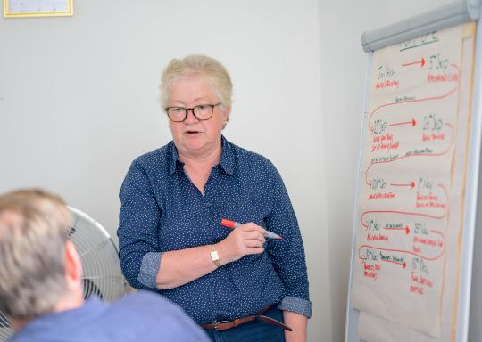An older white woman, with short curly grey hair is pictured in front of a whiteboard with detailed flow chart of business plans. She is in a dark blue collared shirt, and is holding a red marker pen. 