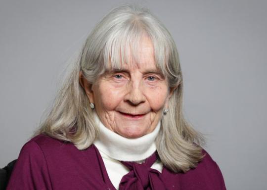 Photo of the now deceased Lady Masham. She was photographed in a smart white rollneck jumper, and a burgandy cardigan. She has long flowing, wavey grey hair, and silver earrings.