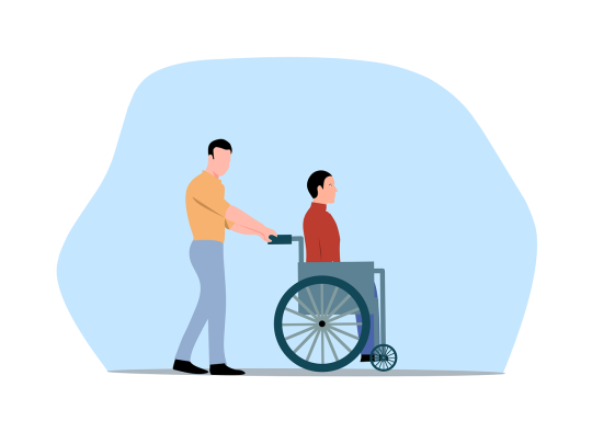 image shows cartoon of man pushing another man in a wheelchair on a blue background.