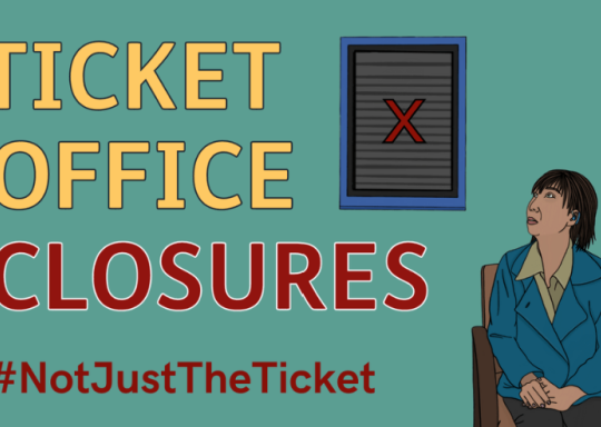 Cartoon drawing of a woman sitting down next to a closed ticket office with text that says 'ticket office closuers' #NotJustTheTicket'