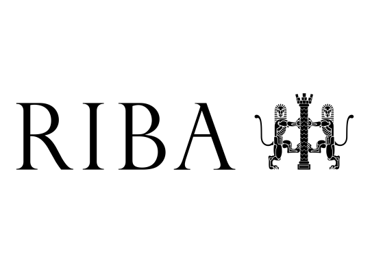 The logo for the Royal Institute of British Architects. It is black writing that say RIBA and a old style image of two lions holding on to a pole. 