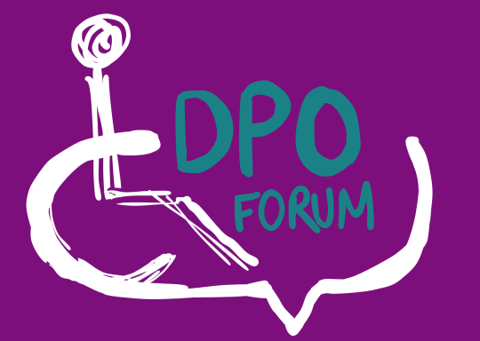 Image of a Disabled person in a wheelchair and a speech bubble that says 'DPO Forum'