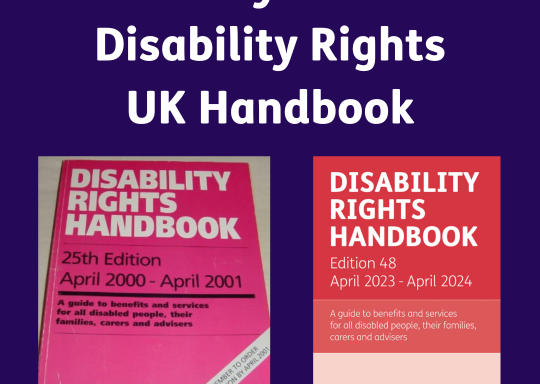 Image of the disability rights uk handbook from 2000 and 2024. History of the disability rights UK handbook