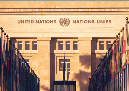 Image of the United Nations building in Geneva, lined by flagpoles with international flags on them