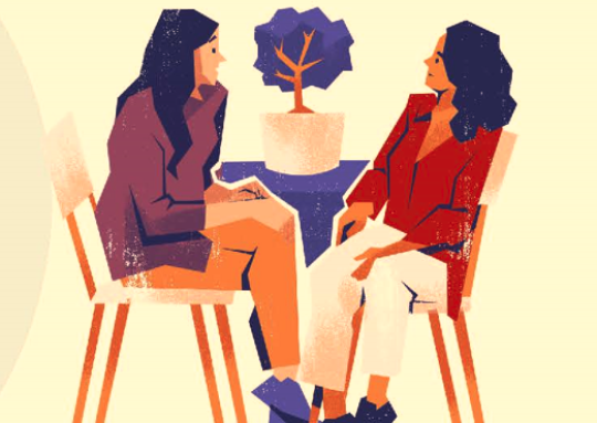 A cartoon of two people sitting, engaged in conversation 