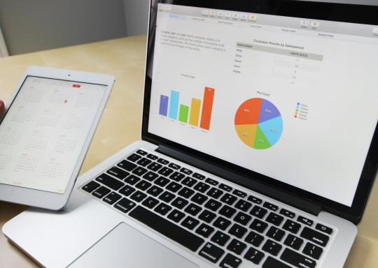 Image of laptop screen with pie and bar charts on it