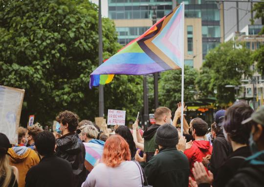 Image of a pride protest, with someone waving the new inclusive pride flag and someone holding a placard that says 'the first pride was a protest'