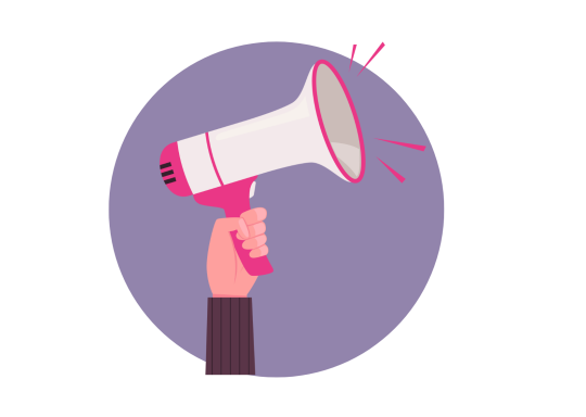 A hand holding a pink and white megaphone, with a light purple circle behind