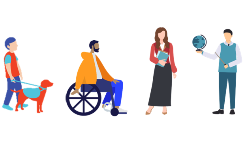 Illustrations of Disabled people a wheelchair user and a guide dog