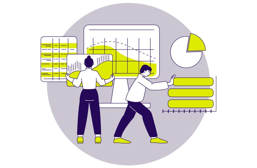 Research People researching together, with graphs and tables behind them